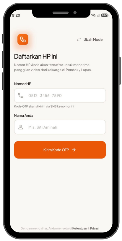 Layar Penerima: daftarkan nomor HP